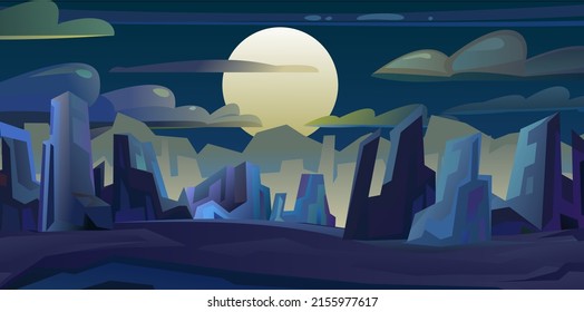 Luna y luna. Acantilados rocosos. Paisaje nocturno en las montañas. Caricatura de estilo plano. Luz crepústica oscura y ocaso. Vector.
