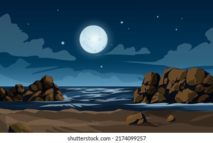 moonlight night in the beach with rocks