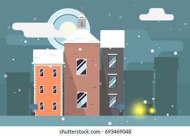 Moonlight night european winter cityscape in flat style. Dark skyline background. Street with old buildings and car