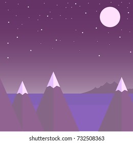 Moonlight night. In the foreground of the mountain, Behind which the sea is visible. In the sky there is a full moon and many stars. Simplified style of the image.