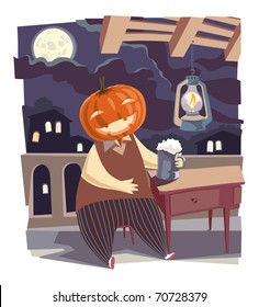 It is a moonlight night. A happy Jack O' Lantern having a good time drinking a big tankard of good beer. Editable vector EPS v.9 file.