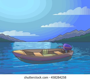 Moonlight Night landscape lake and fishing boat. Vector Illustration.