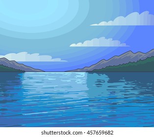 Moonlight Night landscape lake. Vector Illustration.