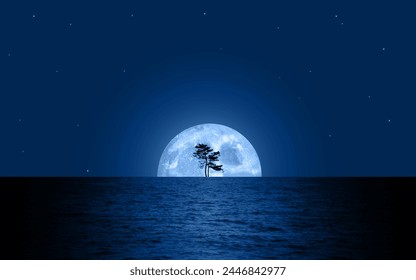 Moonlight night sea landscape beautiful nature blue background vector illustration blue silhouette wallpaper moon light sea water reflection stars tree