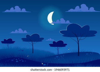 Moonlight night at spring meadow landscape background in flat cartoon style. Moon in sky, garden trees and grass, glowworms fly over wildflowers. Nature scenery. Vector illustration of web banner