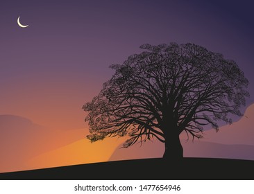 Moonlight night  tree silhouette on the beautiful tropical night abstract background. Forest and environment conservation vector illustration concept.