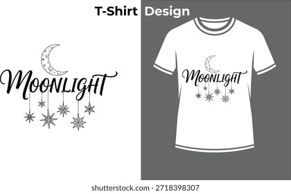 Moonlight noite tipografia t-shirt vetor ilustração, projeto de texto sonhador com lua e estrelas para sono, magia, e temas da noite.