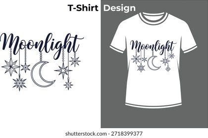 Ilustración vectorial de la camiseta de la tipografía de la noche de la luz de la luna, diseño soñador del texto con la luna creciente para el cielo de la tarde, la magia, y el sueño.