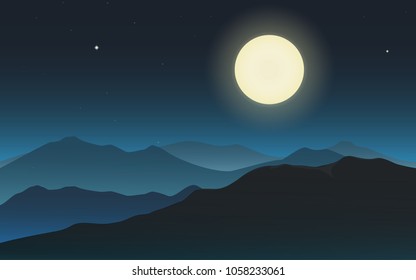 Moonlight on mountains scenery. Vector illustration