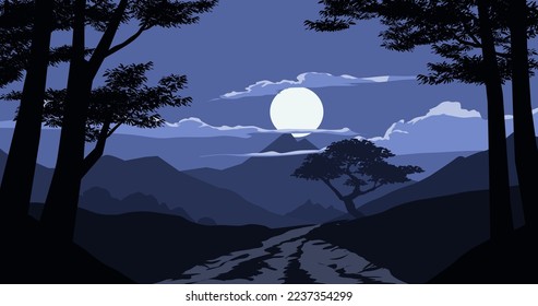 Moonlight over the mountain. Night scenery viewed from the dark forest. Vector landscape illustration