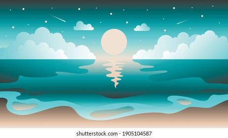 Moonlight over sea. Moon reflected in the water. Nature vector background, landscape with sea, clouds and moon. Night on the sea. Nature landscape and seascape.