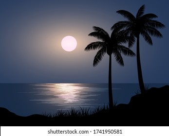 Moonlight Over The Sea With Palm Silhouette