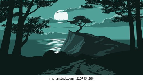 Moonlight over the sea and tree the edge cliff  Night scenery viewed from the dark forest  Vector landscape illustration