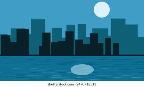 Moonlight reflecting on water with city skyline silhouette in background