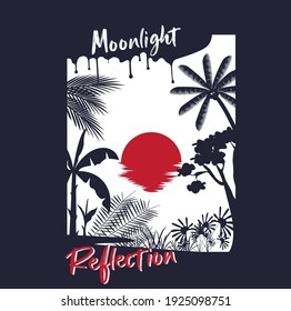 Moonlight reflection silhouette with trees around  on the beach against a dark  background. Illustration, vector.