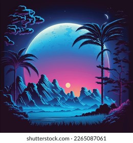 Moonlight Retro wave landscape, blue purple lighting