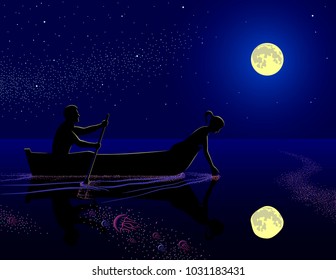 Moonlight ride on the boat, vector illustration.