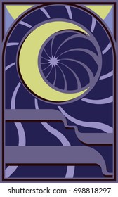 Moonlight Romance - A vector illustration of an abstract  crescent moon  with  spirals.  reminiscent of stained glass windows.  11x17 aspect ratio