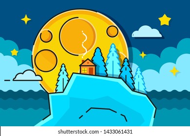 Moonlight Scene With Trees And House Ready For Your Design, Greeting Card, Banner