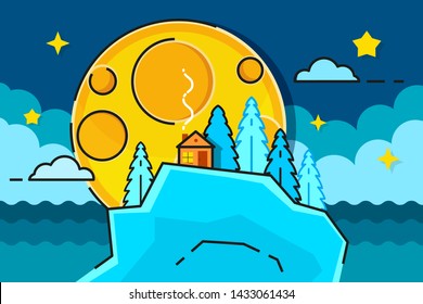 Moonlight Scene With Trees And House Ready For Your Design, Greeting Card, Banner