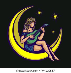 Moonlight Serenade, cute naive pin up girl playing guitar lullaby sitting on crescent moon vector illustration