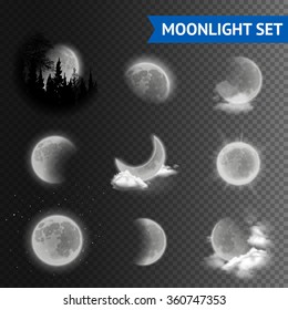 Moonlight set with moon phases with clouds on transparent background vector illustration