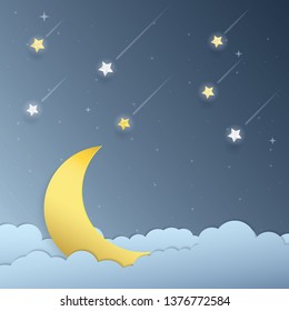 Moonlight and shooting stars paper art vector, Vector design