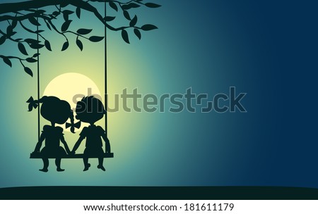 Moonlight silhouettes of a boy and a girl sitting on a swing