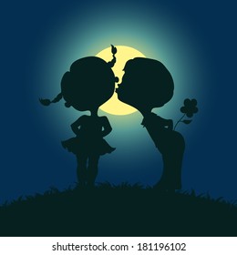 Moonlight Silhouettes Kissing Boy Girl Stock Vector (Royalty Free ...