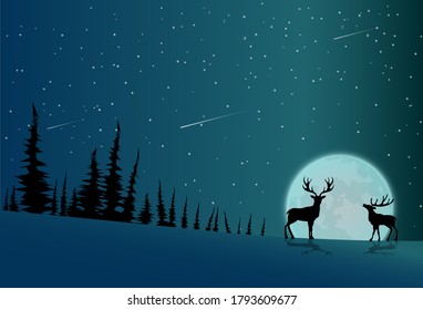 Moonlight snows landscape with trees and deers silhouette. Flat design. Copy space for text. Vector illustration.