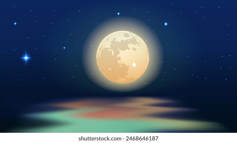 moonlight stars reflection river night landscape. Vector Illustration