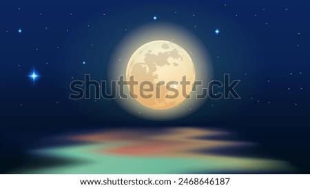 moonlight stars reflection river night landscape. Vector Illustration