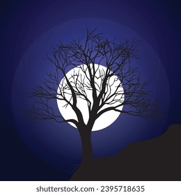 Moonlight Tree Silhouette Vector Illustration