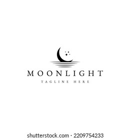 moonlight vector logo design. crescent moon above water logo.