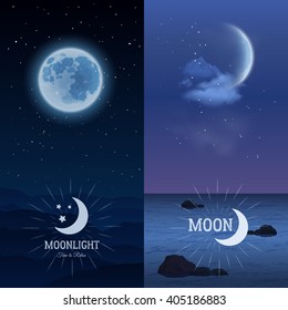 Moonlight vertical banner set with moon on dark sky background isolated vector illustration