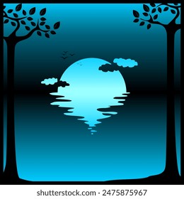 Moonlight view on sea water on a quiet night illustration design vector