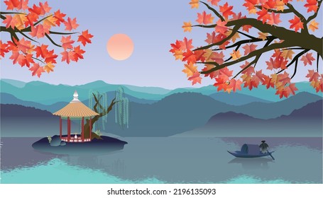 The moonlight and water color under the red maple, there are Chinese pavilions and awning boats