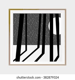 Moonlight winter forest. Abstract poster. Wooden square thin frame. Scandinavian style. Hand drawn ink textures. Stock vector.
