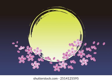 Um fundo iluminado pela lua de círculos desenhados com pincel e flores de cerejeira.