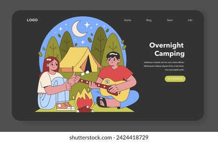 Moonlit Camping Experience. Campers sharing stories by the fire, under a starry sky, near a cozy tent. Nighttime bonding in the wilderness. Flat vector illustration