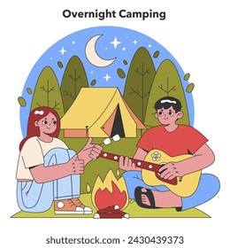 Moonlit Camping Experience. Campers sharing stories by the fire, under a starry sky, near a cozy tent. Nighttime bonding in the wilderness. Flat vector illustration