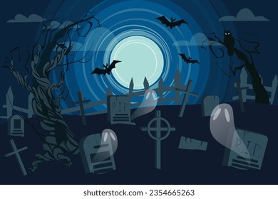 Moonlit cemetery with spooky ghosts vector illustration. Creepy landscape with graveyards and tombstones, bats, evil spirits and owls in trees. Ghoulish decor, Halloween, mystery concept