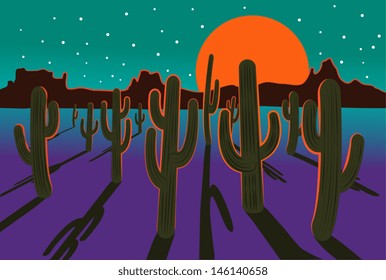 Moonlit desert with cactus, moon, stars and mountain. EPS 10