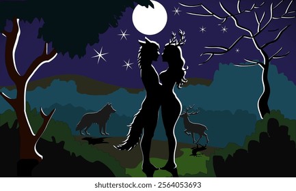 "Moonlit Embrace: A Mystical Bond Between Wolf and Deer Spirits" is a captivating vector art showcasing a romantic silhouette of mythical beings under a starry night sky.