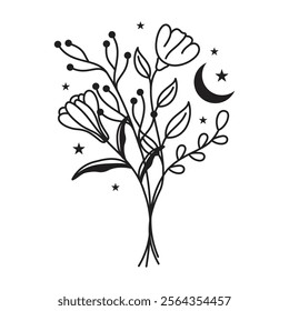 Moonlit Floral Line Art, Botanical Bouquet with Slender Stems, Blooming Flowers, Buds, and Leaves