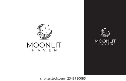 Moonlit Haven Logo: Ornate Crescent Moon with Stars, Elegant Design