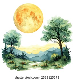 moonlit nature vector illustration in watercolor style