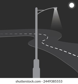 Moonlit night background. Street light icon, Street light, street lamp silhouette, road icon.  Night city street. Dark night sky with moon. Landscape background