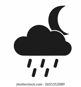Moonlit night with clouds and rain icon in black and white