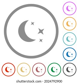 Moonlit night flat color icons in round outlines on white background